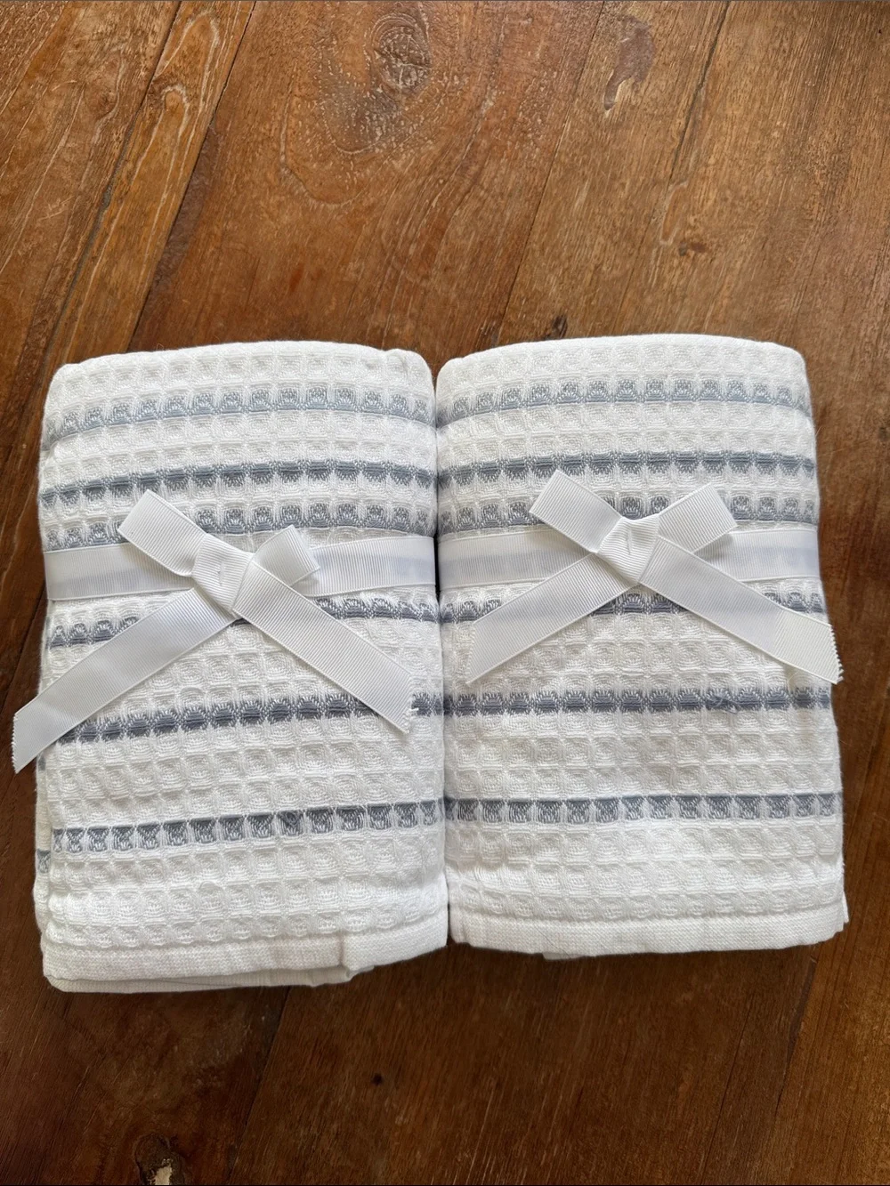White with Slate blue Stripe Waffle Weave Hand Towels - Set of 2